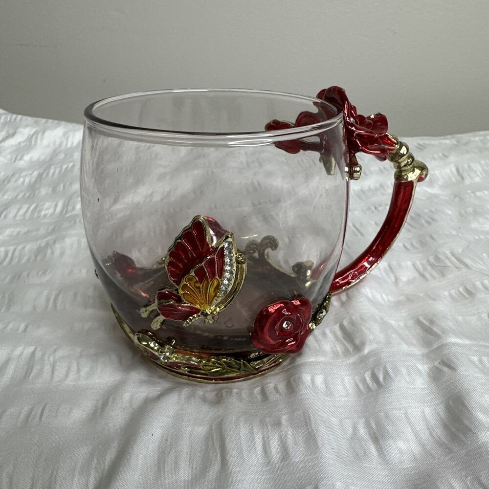 Coffee Tea Cup Glass Enamel Gold and Red Rose Butterfly Flowers
